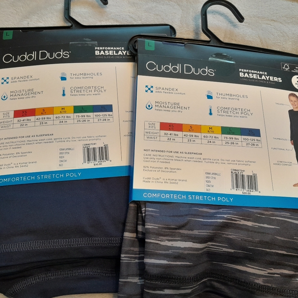 Cuddle Duds Baselayer (2) 2pc sets (1 blue and 1 blk/grey) size Large NWT